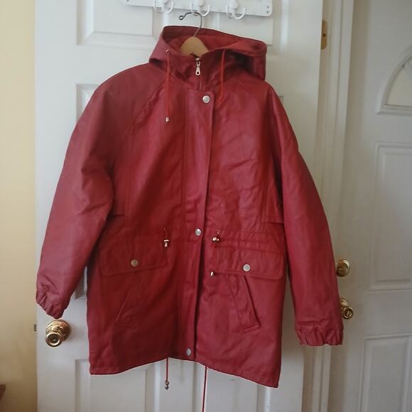 Fashion Elements Coat Women XL Red 100% Leather Casual Hooded Motorcycle 90's - Picture 2 of 16